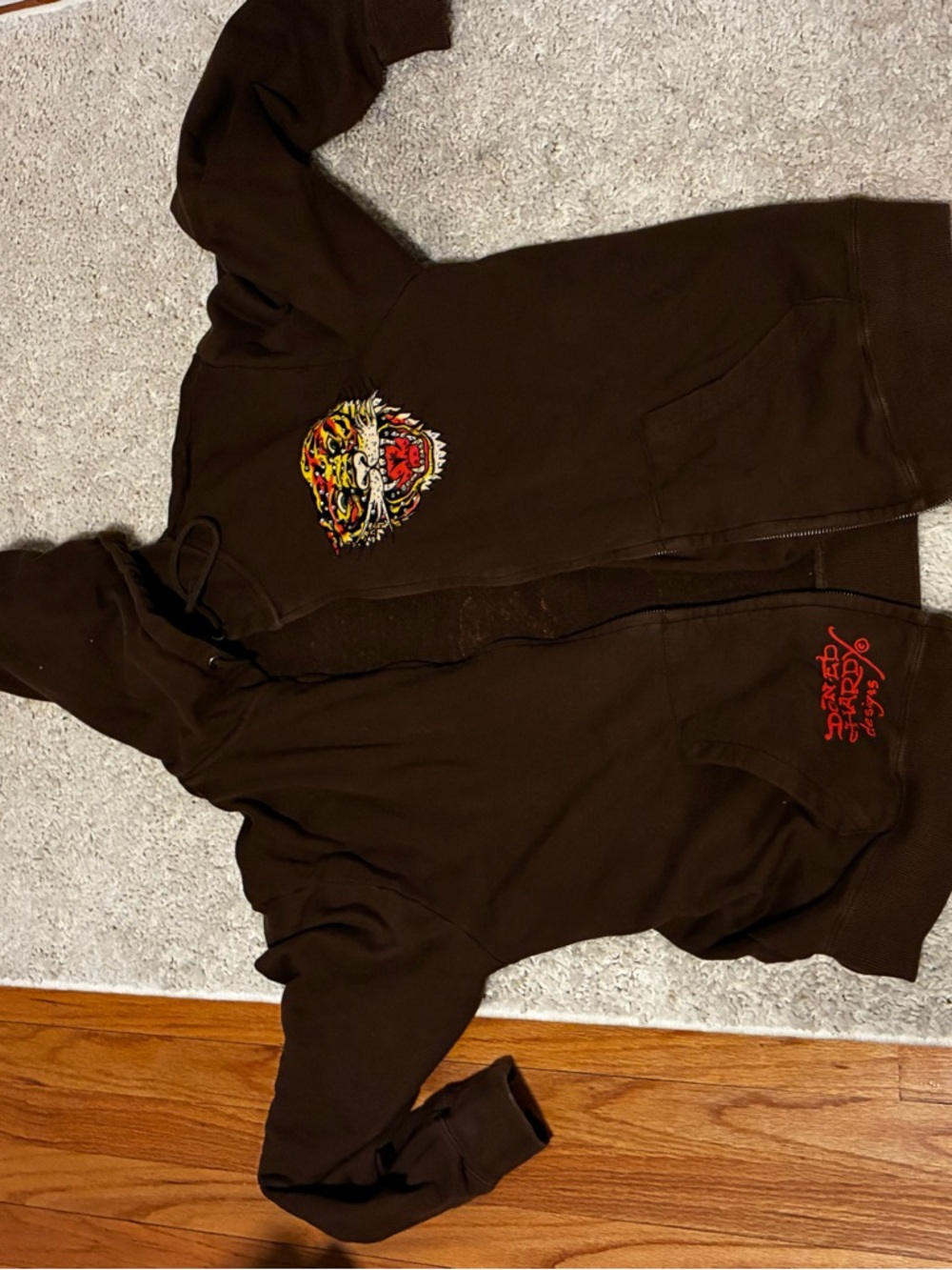 Y2K Ed Hardy Brown Zip-Up Hoodie with Multicolor Tiger Patch